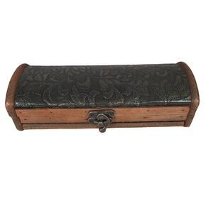 Wood Trinket Box Painted Textured Fabric Top Hinged Lid Hand Made Boho Decor